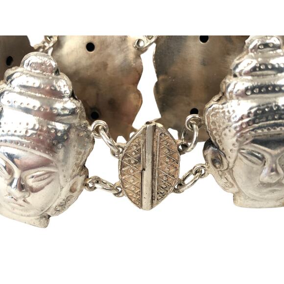 Buddha Head Wide Puff Link Sterling Silver 925 Vintage Repousse Bracelet 8" - Picture 8 of 10